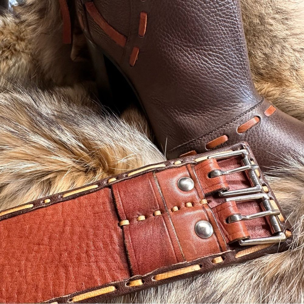 *Ralph Lauren Collection Brown Multi Double Buckle Whipstitched Western Belt - Picture 14 of 16